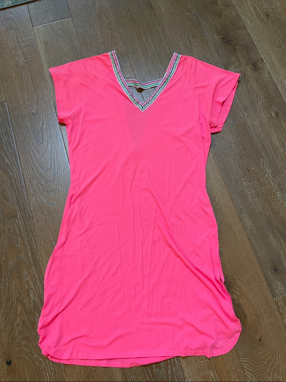 Pitusa Neon Pink V-Neck Swim Coverup with Embroidered Trim